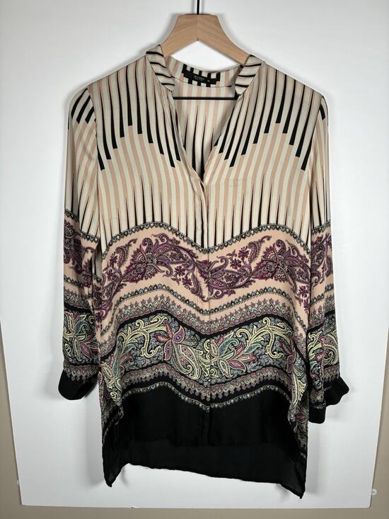 ETRO Tops - Etro Sz 40 US 4 100% Silk Blouse Paisley Stripe Italy V-Neck Hi-Low FLAW Silk